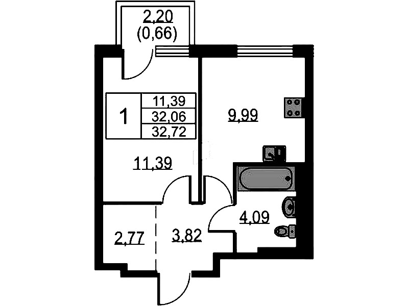 1-комнатная квартира 32.72 м², 2/12 эт., ЖК «Невская Долина»